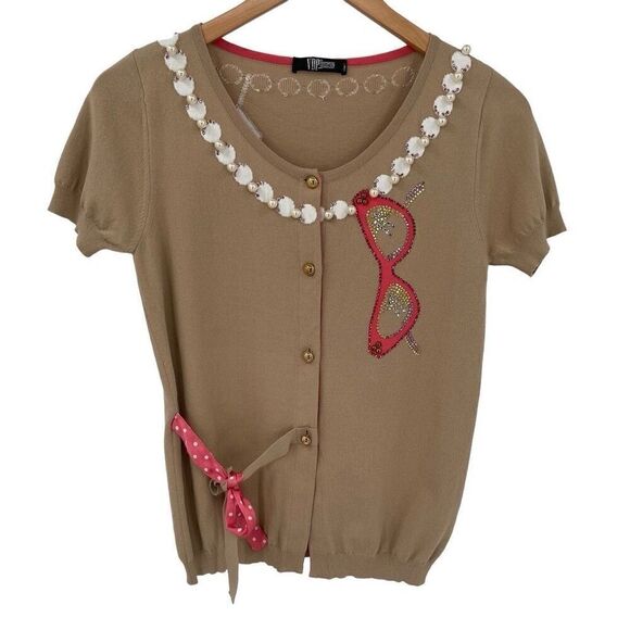 VDP Collection Beaded Rhinestone Pearled Cardigan Sweater Tan Women XS - Picture 1 of 5